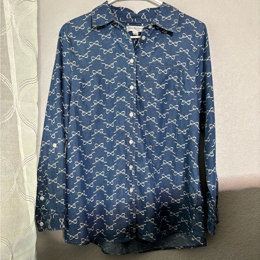Bow Print Kim Rogers Navy Blue Jean Like Printed Petite Button-Down Shirt